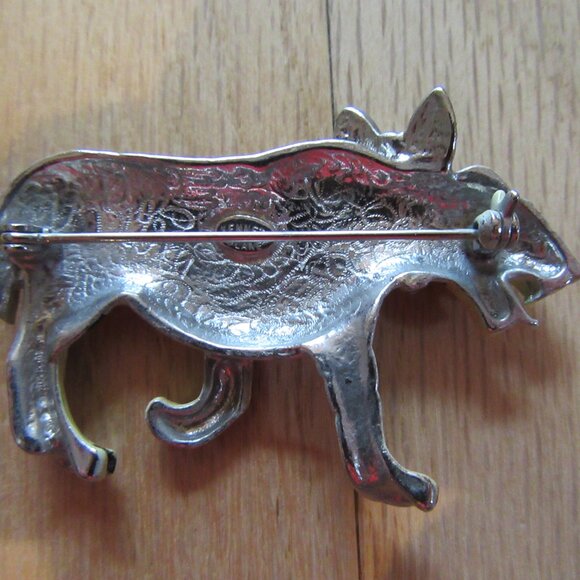 KENNETH LANE ENAMEL/CRYSTAL BOW PANTHER/CAT/TIGER/COUGAR/PIN/BLACK & TAN! - Picture 2 of 3
